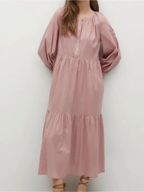Mango Frill Button Down Midi Dress Size 6 Pink Long Sleeve Cottagecore Modest